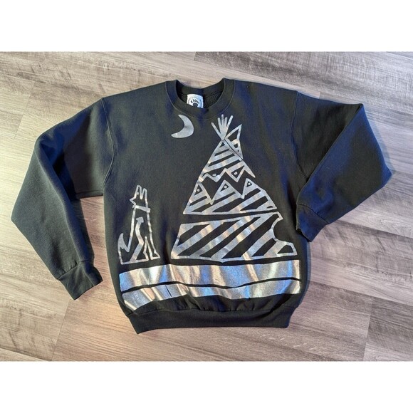 Native American Art Sweatshirt Vintage Wolf Teepee Print By Indian Skin 90s - Picture 1 of 6